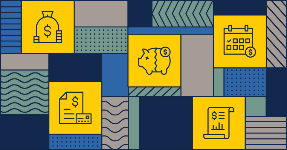 A graphic with money and calendar icons