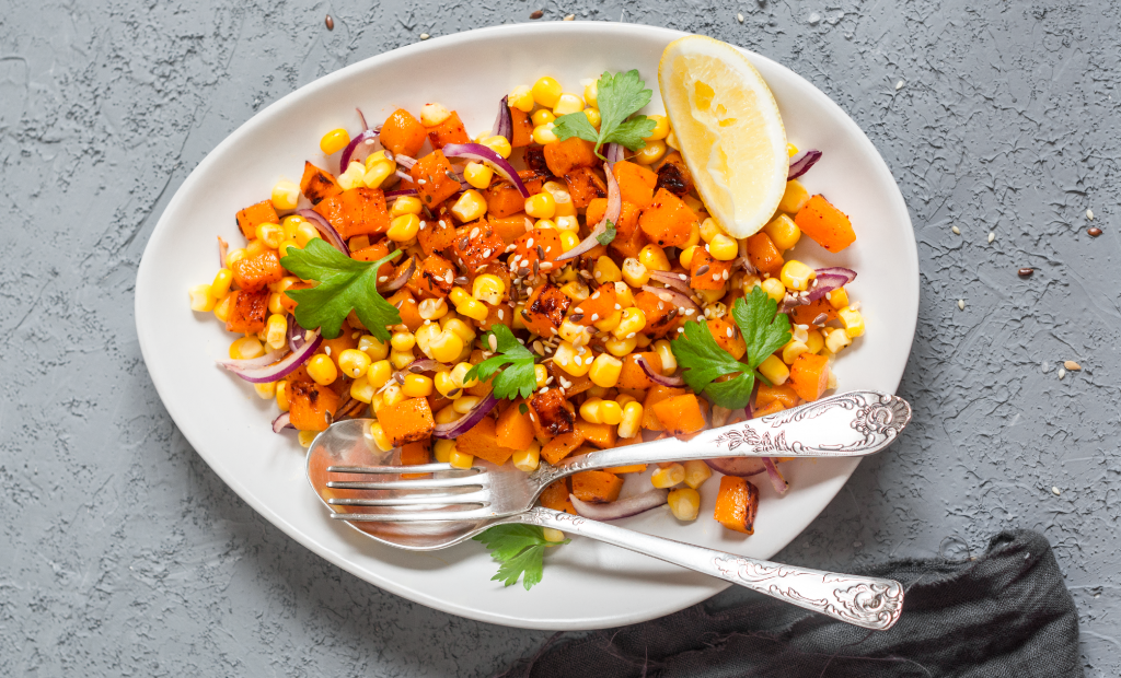 Sweet potato, corn and jackfruit salad