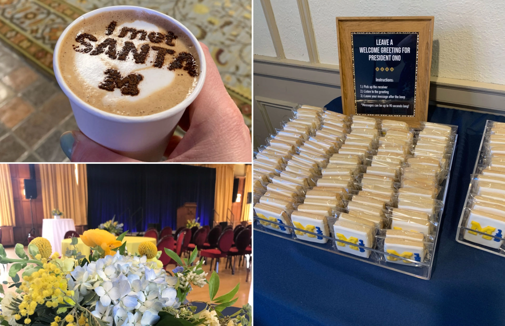 A colage of 3 images: (left, top) A latte with the text: I met SANTA,(left, bottom) A boquet of flowers in the forground and chairs and a podium in the background, (right) a table full of frosted shortbread bars 