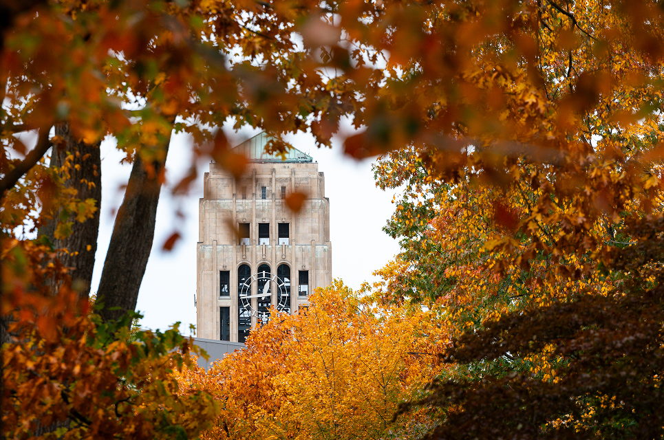 MCommons Burton Tower in the Fall