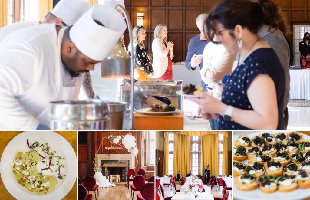 A colage of 5 photos depicting: A chef serving up food to guests at a buffet table, a plate of food, chairs facing a fireplace with a hexagon and floral decoration, a string quartet playing in a room with dining tables, a serving tray of canapés