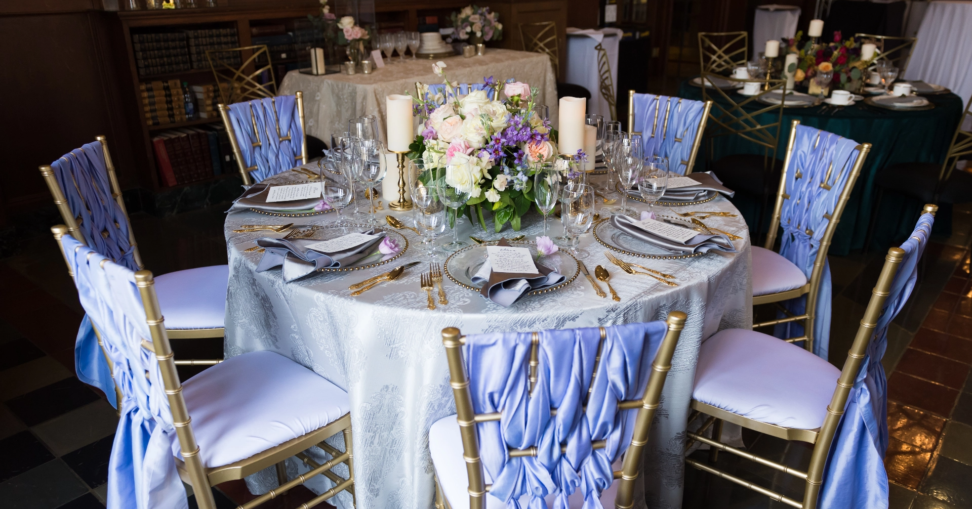 A table fully set-up for a wedding