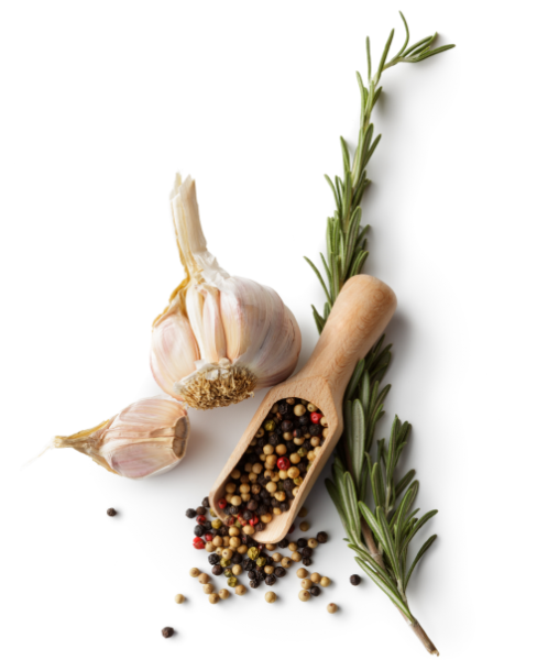 A head of garlic, peppercorns in a scoop, and a sprig of rosemary