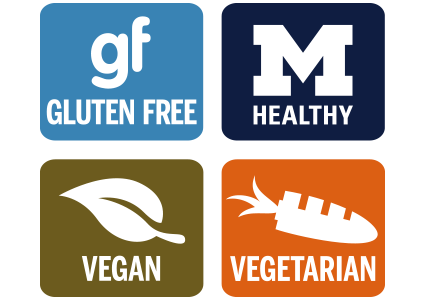 Look for menu labels to find gluten free, vegetarian, and MHealthy offerings.