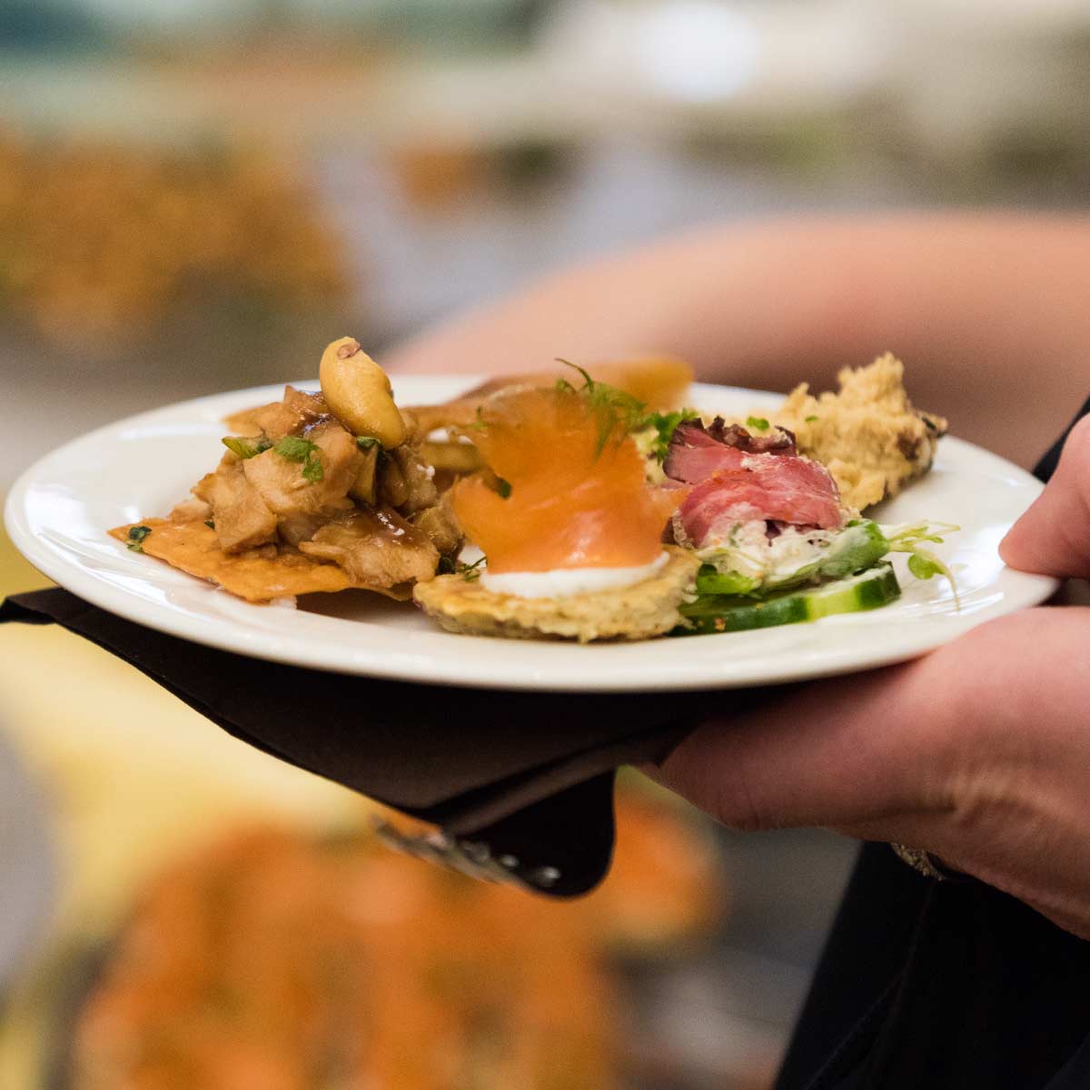 Someone holding a plate of food served at an event.