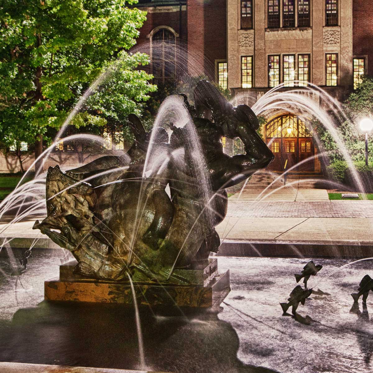 The fountain in front of the Michigan League.