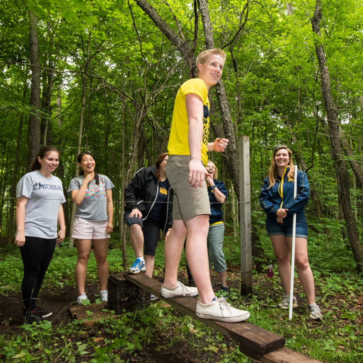 Students participating in a recreation challenge.