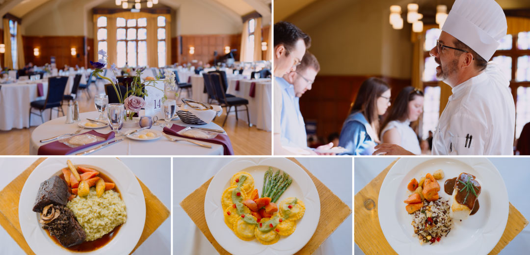 Collage from wedding tasting, featuring food, guests, and chefs