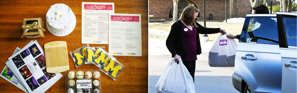 Small wedding cake, menus, Block M cookies and other gifts & CES Employee handing wedding tastings bag to customer
